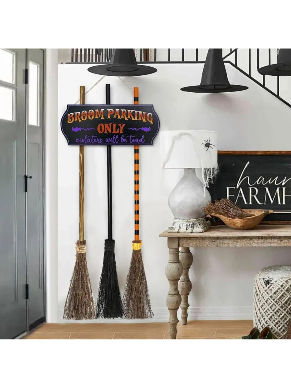 Broom Parking Sign with 3 Wooden Witches Brooms Hocus Pocus Halloween Decor
